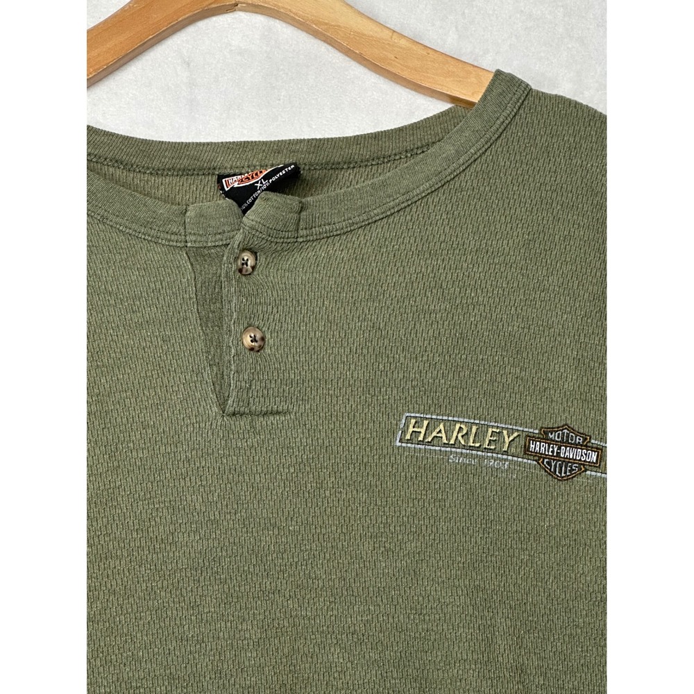 Harley Davidson Mens Long Sleeve Thermal Henley Shirt Olive Green Texas